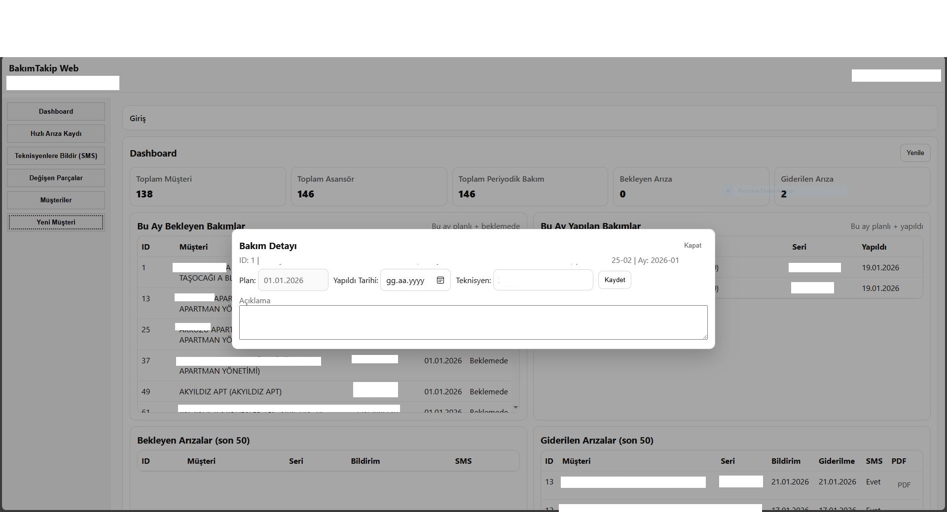 Bakım Yapma Ekranı