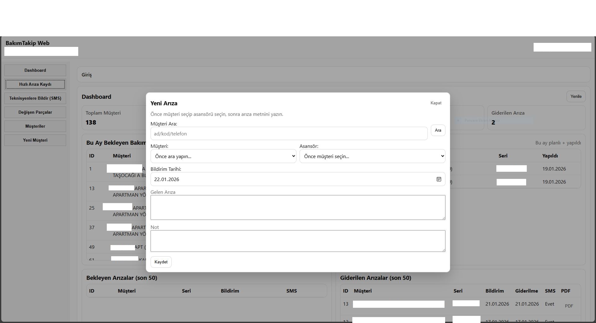 Hızlı Arıza Kaydı
